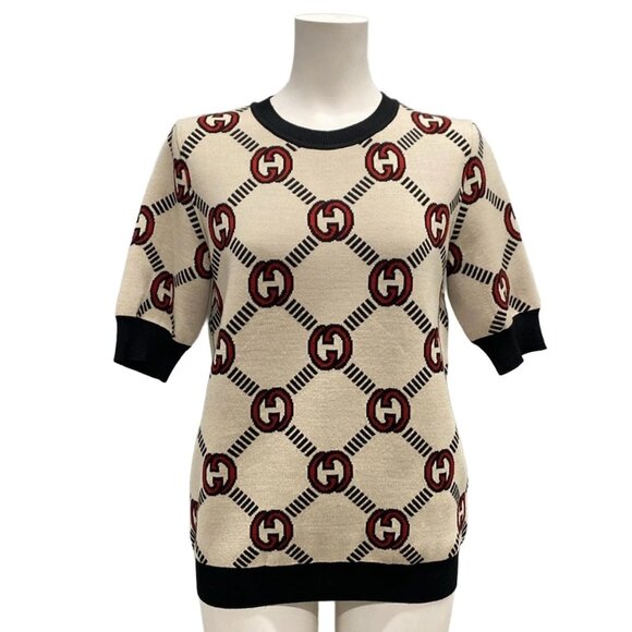 GUCCI - Beige Black Red Wool, Polyurethane Women's Sweater 770-062425 - Picture 1 of 10